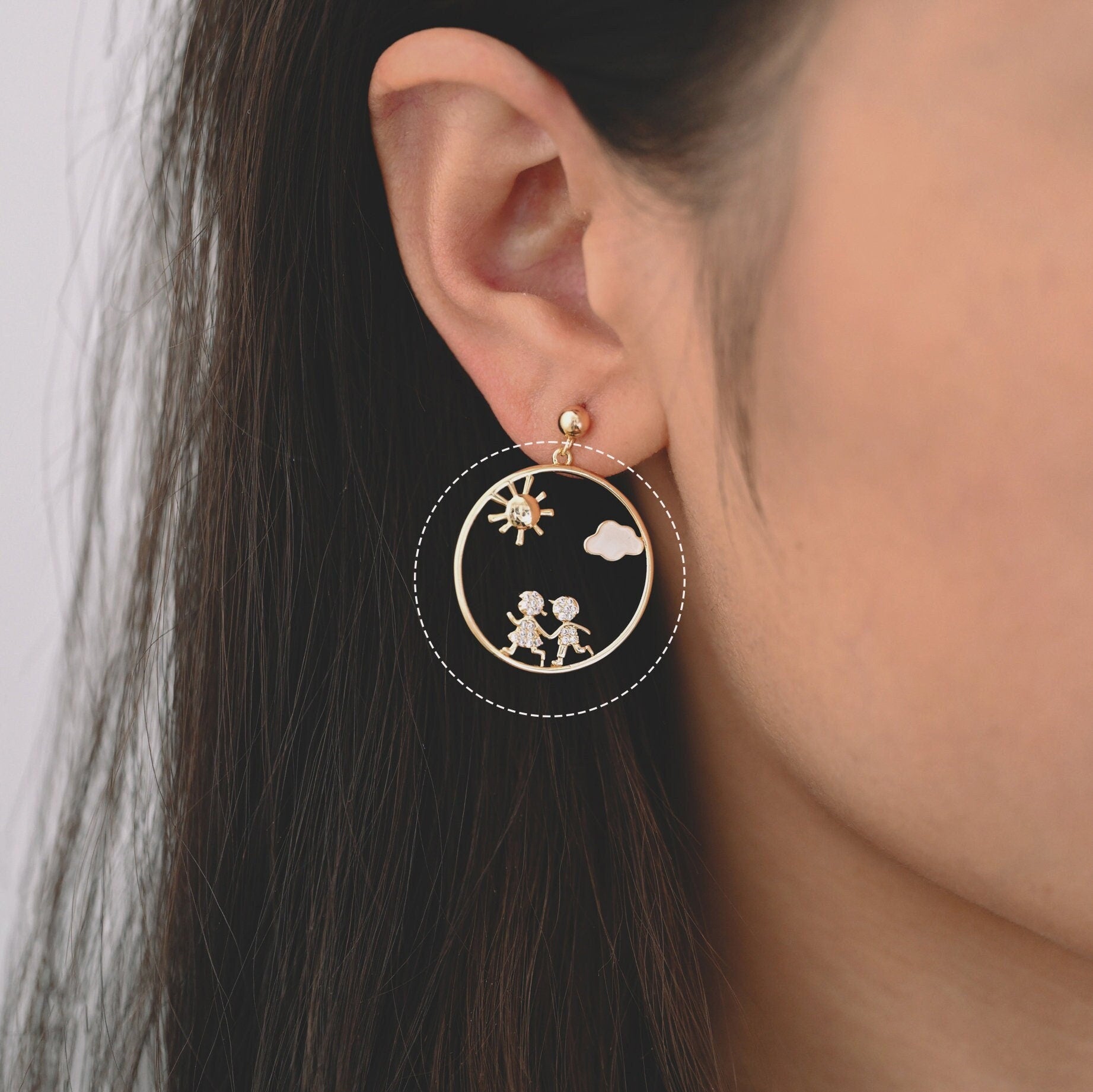 4pcs CZ Pave Gold Round Boy and Girl Charms, 18K Gold plated Brass, Sun Cloud Pendants (GB-3186)